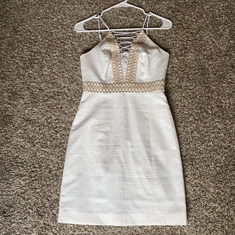 NWOT Lilly Pulitzer Trista White Gold Lace-Up Mini Dress Size 0 - Picture 2 of 7